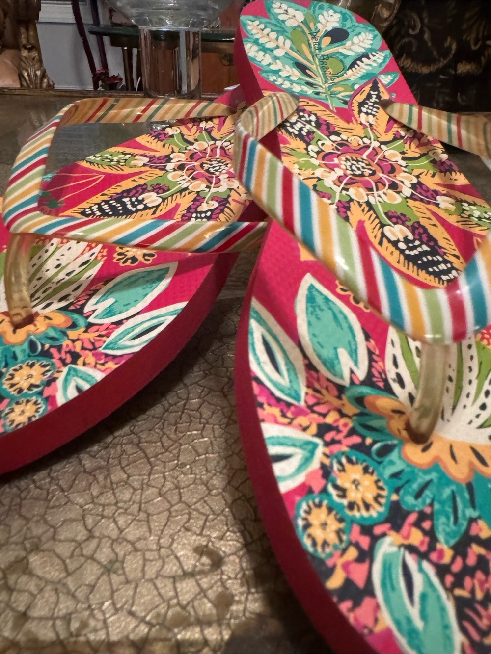 Vera Bradley Floral Pattern Pink Women's Flip Flops with Multicolor Straps